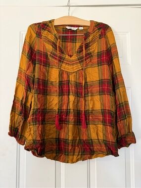 Caffe Marrakesh bohemian plaid gauze peasant blouse Size Small Red Orange Gold